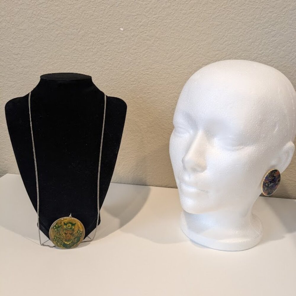 Vintage necklace and earrings set, artistic, painting, unique costume jewelry